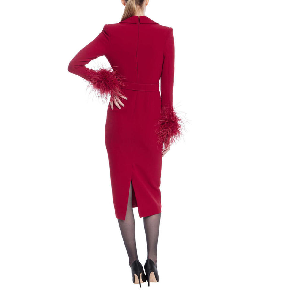 Badgley Mischka sz 0 Feather Trim Belted Sheath Long Sleeve Red Dress $700 - Picture 3 of 3